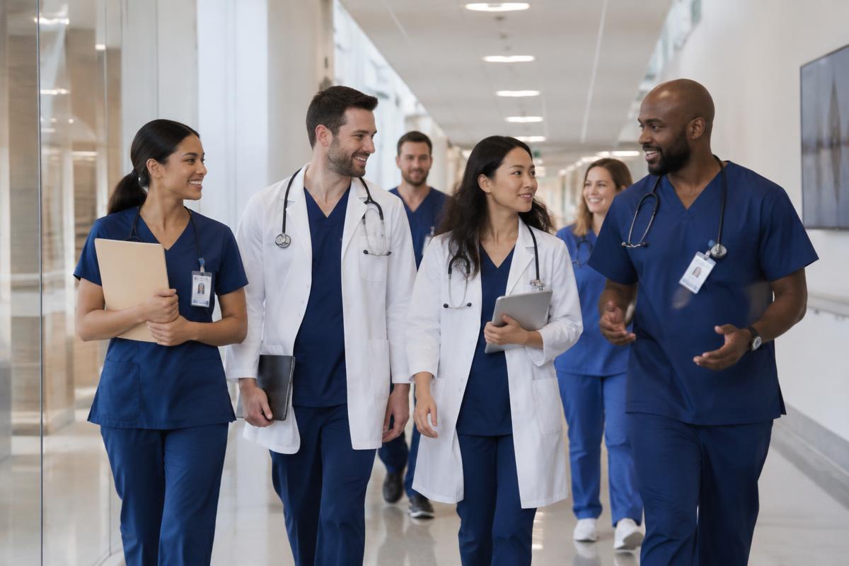 Diverse team of doctors and nurses walking through a bright hospital corridor