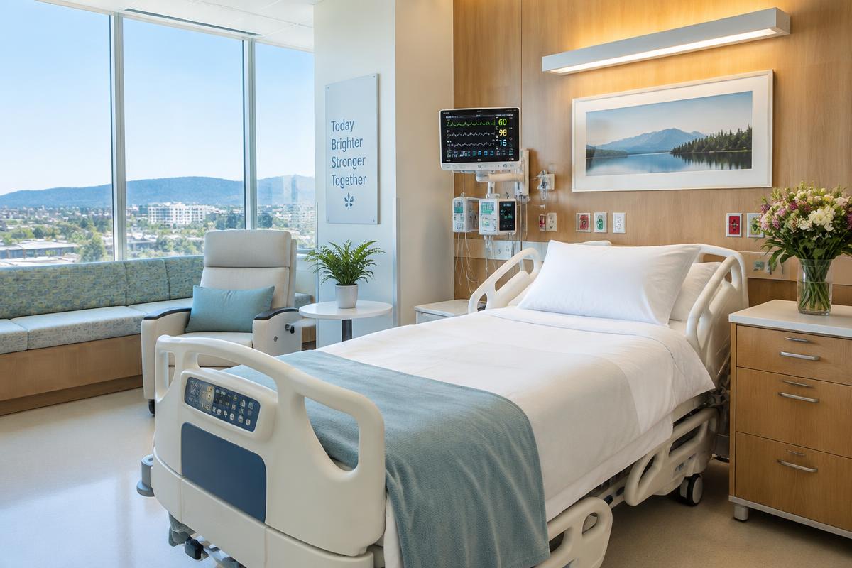 Bright, modern hospital patient room with a comfortable bed and large windows